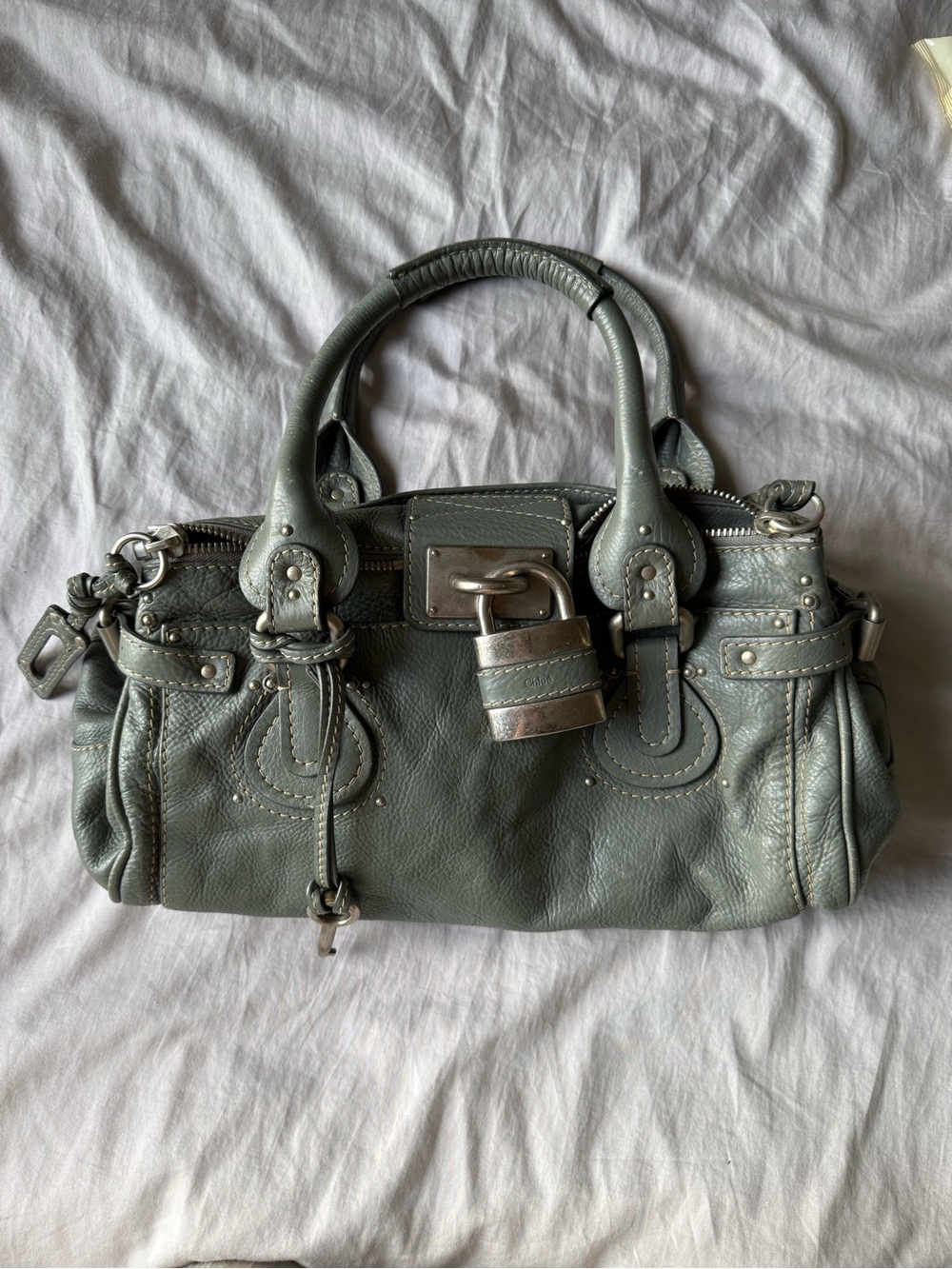 Chloe Sage Gray Leather Satchel with Padlock